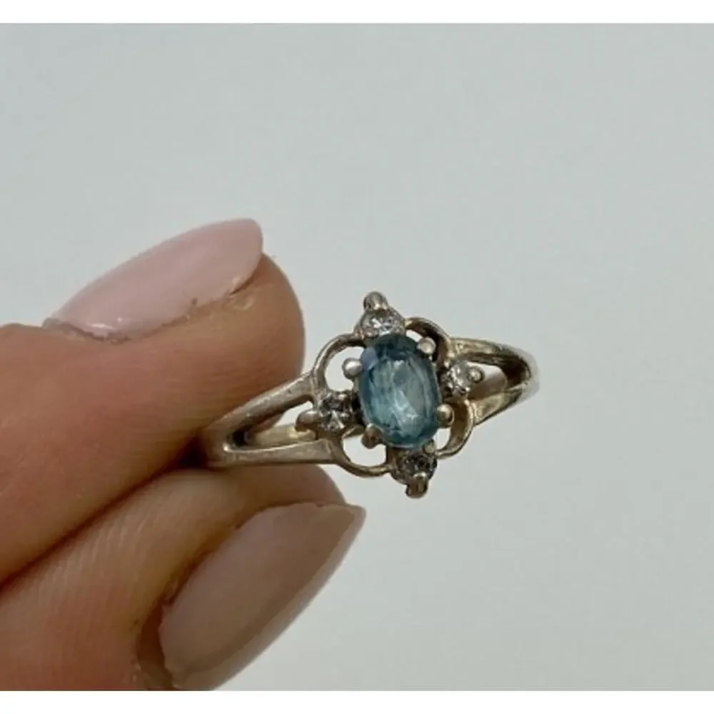 925 Sterling Silver Blue Spinel & CZ Ring Size 6.75